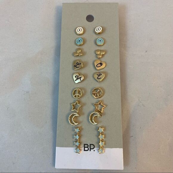 BP. Earrings Set 9 Pair Love Heart Stars Moon Peace Gold Studs Casual Trendy - Picture 6 of 6